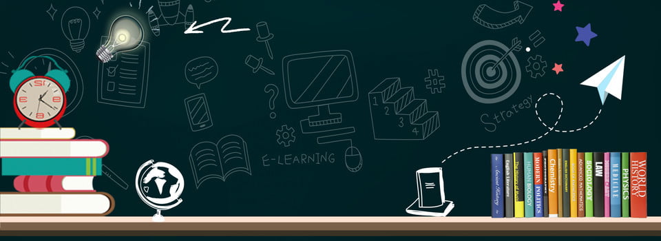 Website banner showing school desk with books and chalkboard